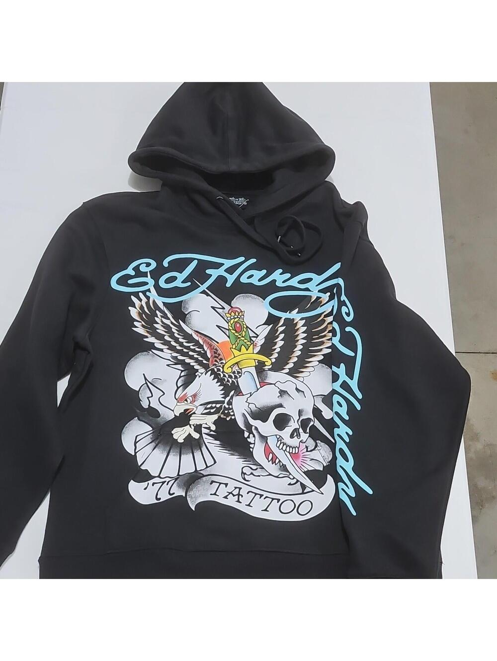 Ed Hardy Men's Black Pullover Hoodie L Skull Tattoo Graphic. 0147
